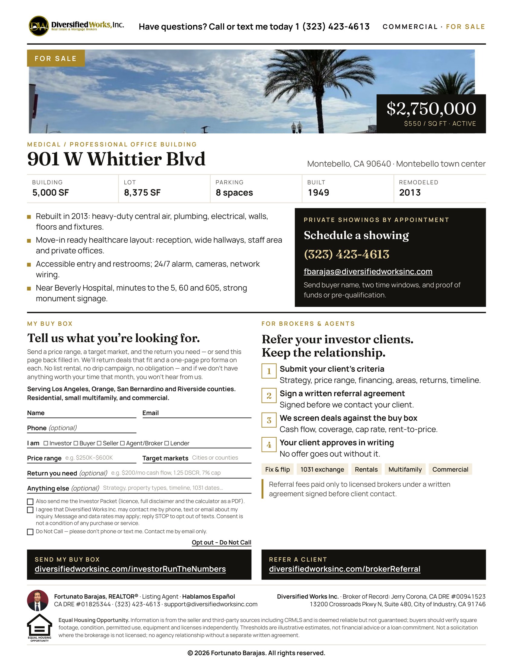 Flyer: 901 W Whittier Blvd, Montebello, for sale at $2,750,000, with investor buy box and broker referral information from Diversified Works Inc.